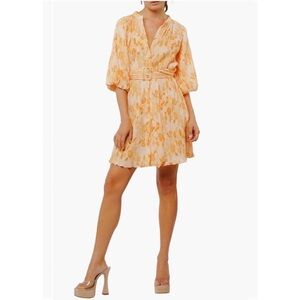 NEW CIEBON marena pleated balloon sleeve dress in yellow multi